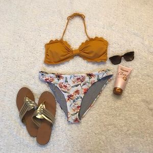 White Floral/Striped & Mustard Scalloped Bikini